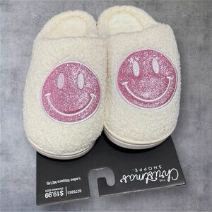Cream Slippers with Pink Smiley Face - NWT